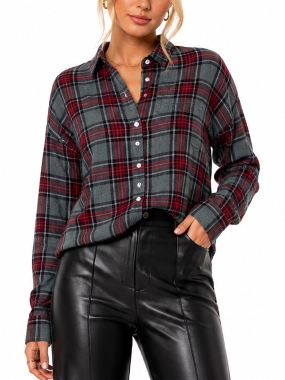 J. Crew Red and Gray Plaid Button-Down Shirt - Size M